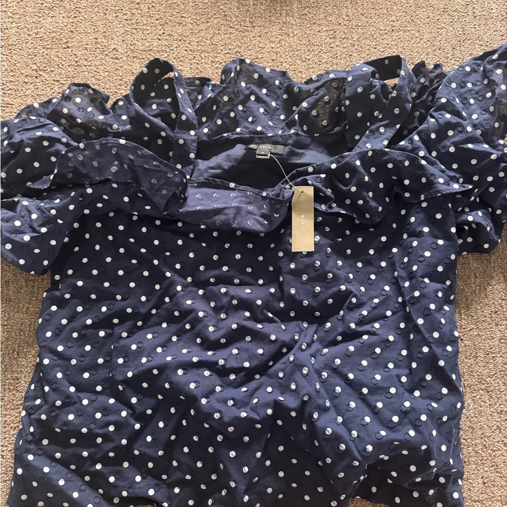 NWT J. Crew Navy Polka Dot Blouse Size 14
